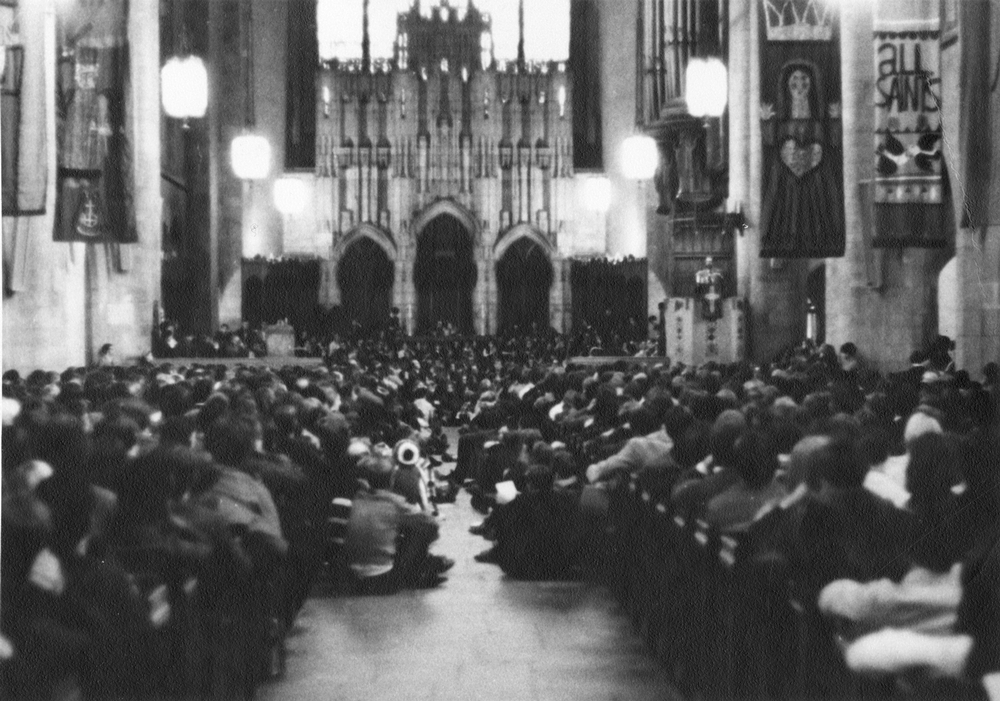 Demonstrators gather in Rockefeller Chapel for a military draft moratorium rally.