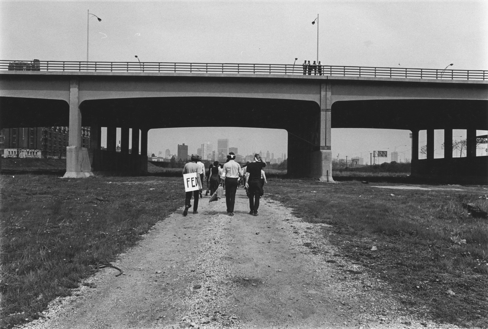 Protesters march towards downtown Chicago to join a demonstration against the Vietnam War. Undated.