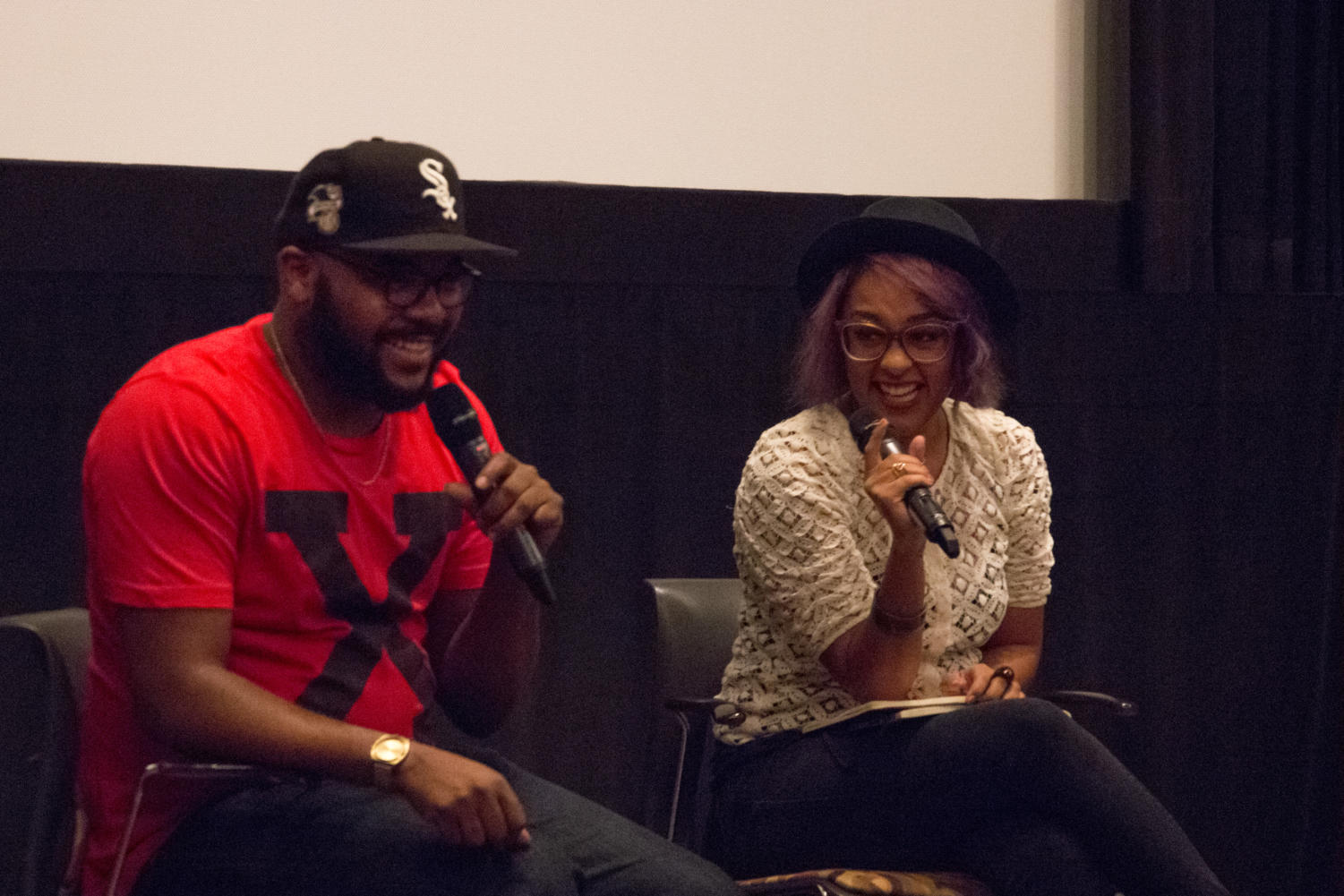 Nate Marshall (left) and Eve Ewing (right) in conversation at the Chicago Book Expo.