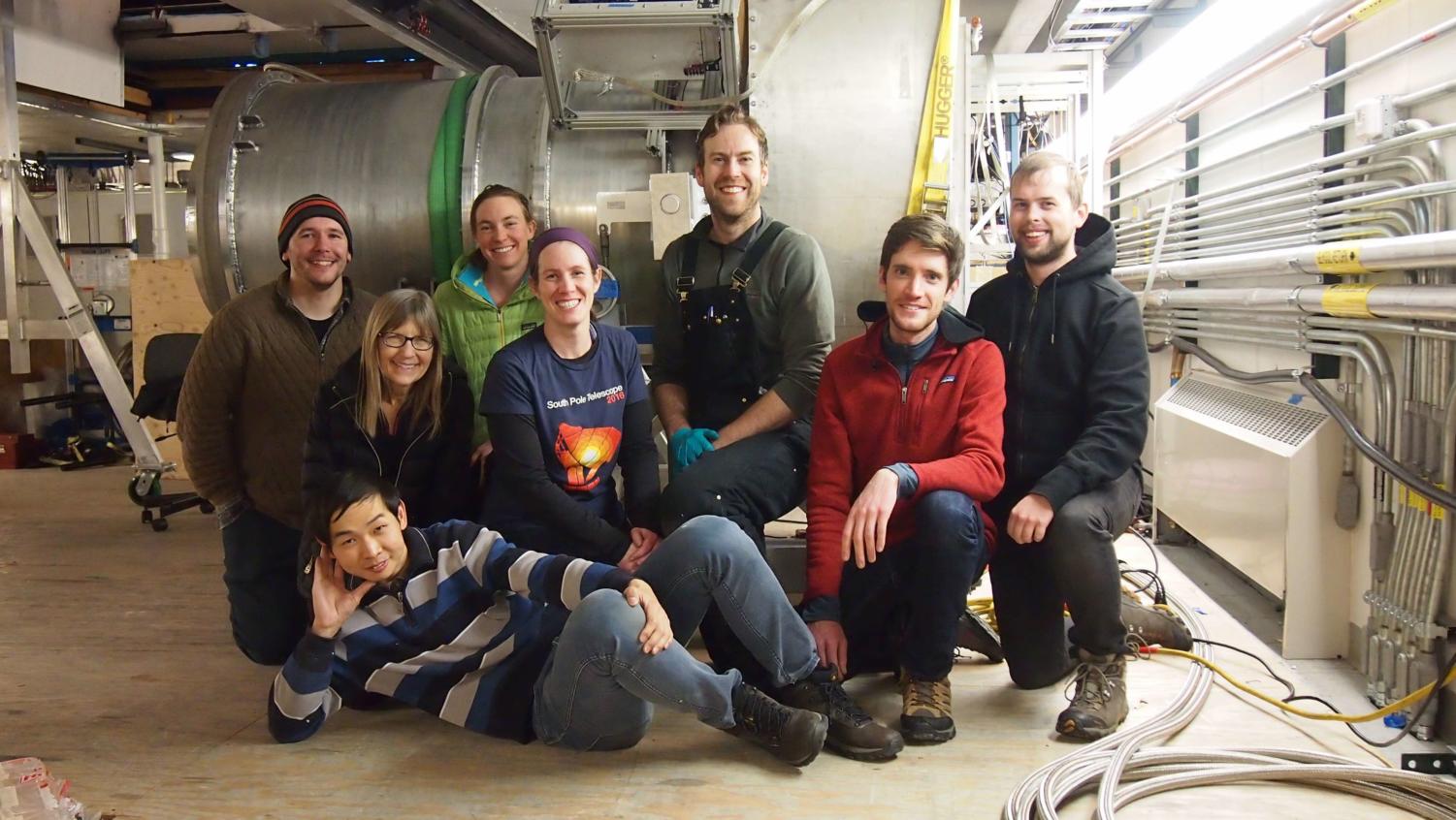 A picture of the team at the South Pole in front of the new SPT-3G camera.