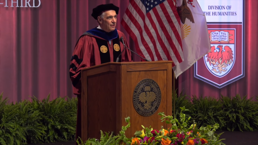 University+President+Robert+Zimmer+addresses+the+University+community+and+class+of+2020+graduates+during+the+533rd+Convocation.