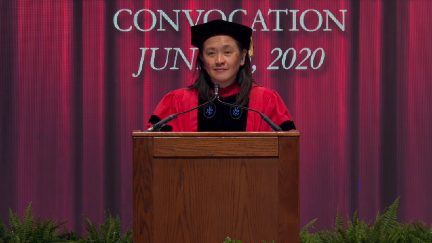 University Provost Ka Yee Lee addresses the University community and class of 2020 graduates during the 533rd Convocation.