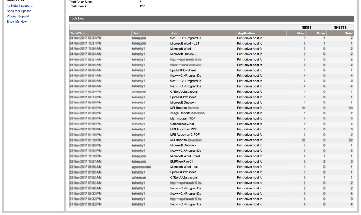 Print job history logs from a printer that appeared to be printing sensitive patient information. Names and other potentially identifying information redacted.