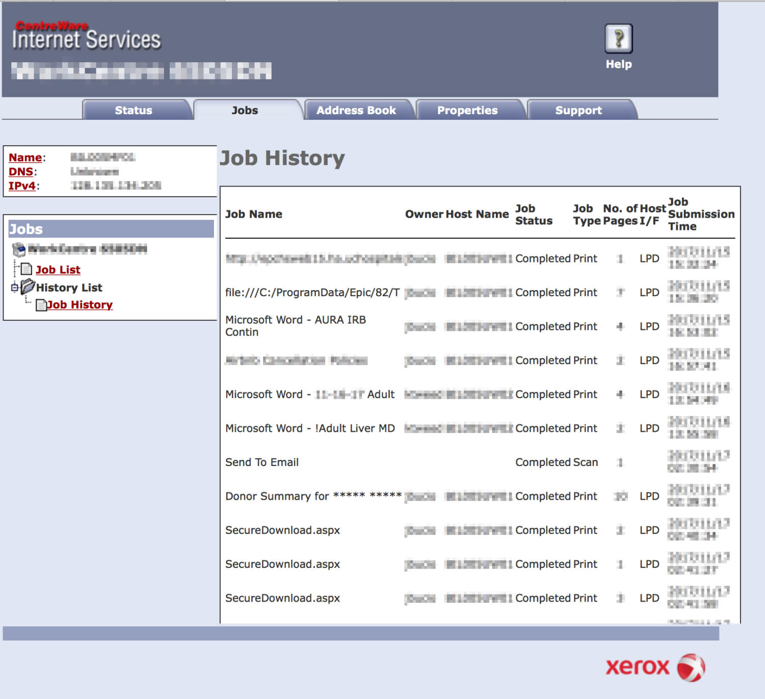 Print job logs from a printer that appeared to be used to print organ procurement data, including information about donors and their organs.