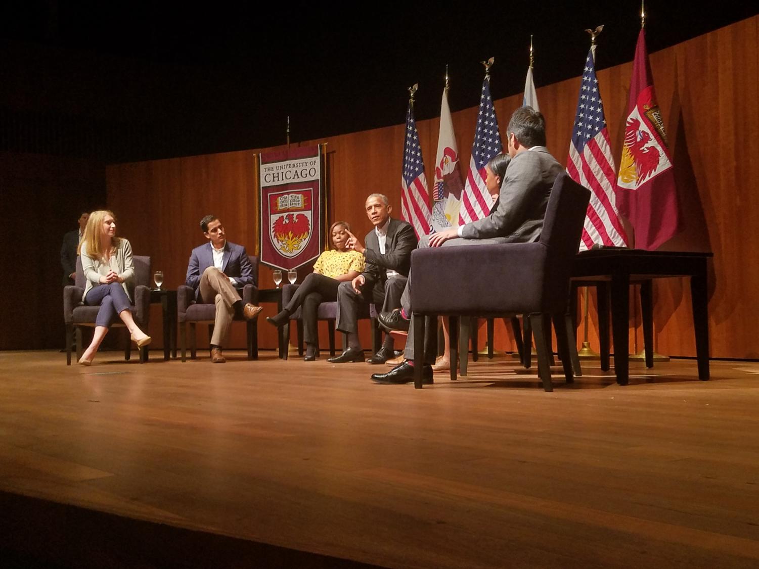 Clockwise from left: Panelists Kelsey McClear (Loyola University), Ramuel Figueroa (Roosevelt University), Tiffany Brown (Chicago State University graduate), Ayanna Watkins (Kenwood Academy High School), Harish Patel (New America)