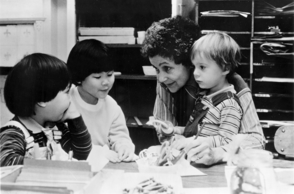 Vivian G. Paley (2nd right), pre-school and kindergarten teacher and early childhood education researcher in the University of Chicago Laboratory Schools. She is pictured with students.
