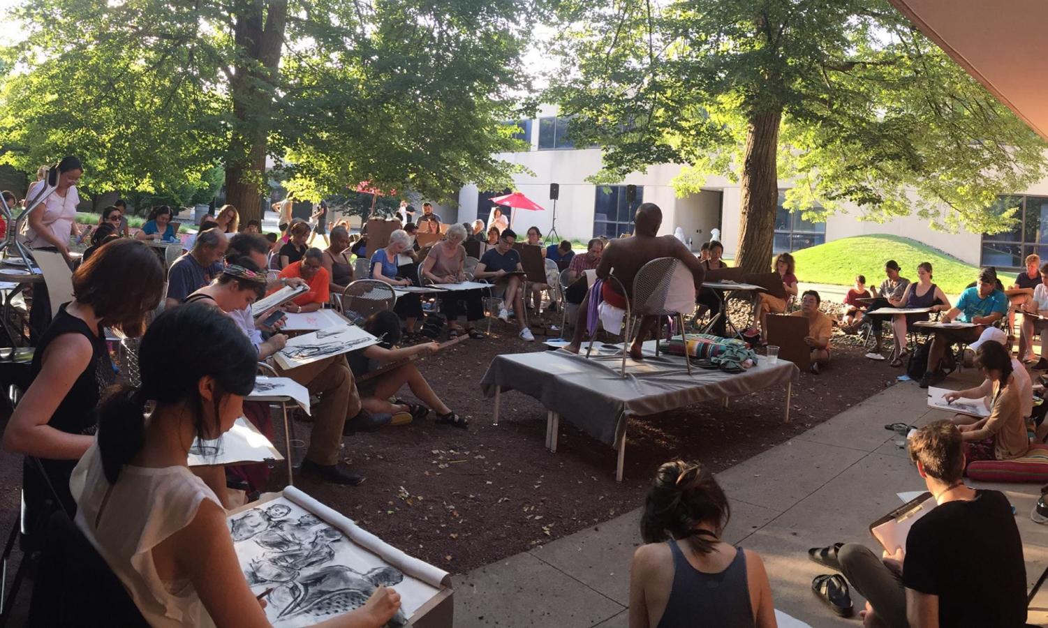 Figure drawing takes place in the Smart Museum’s Vera and A.D. Elden Sculpture Garden.