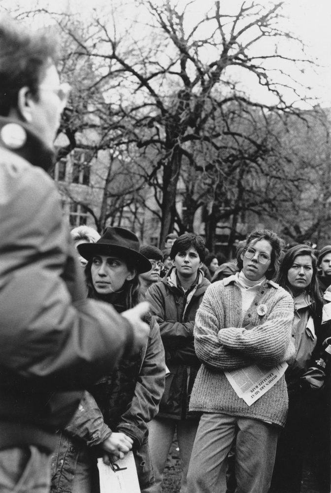 University of Chicago students at a campus rally organized by the Womyn's Union. Speakers were critical of the response of university administrators to recent incidents of sexual assault against students. 1992.