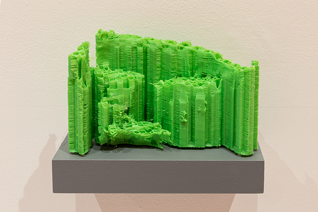 This geometric form is one of the many 3D-printed resin sculptures in 