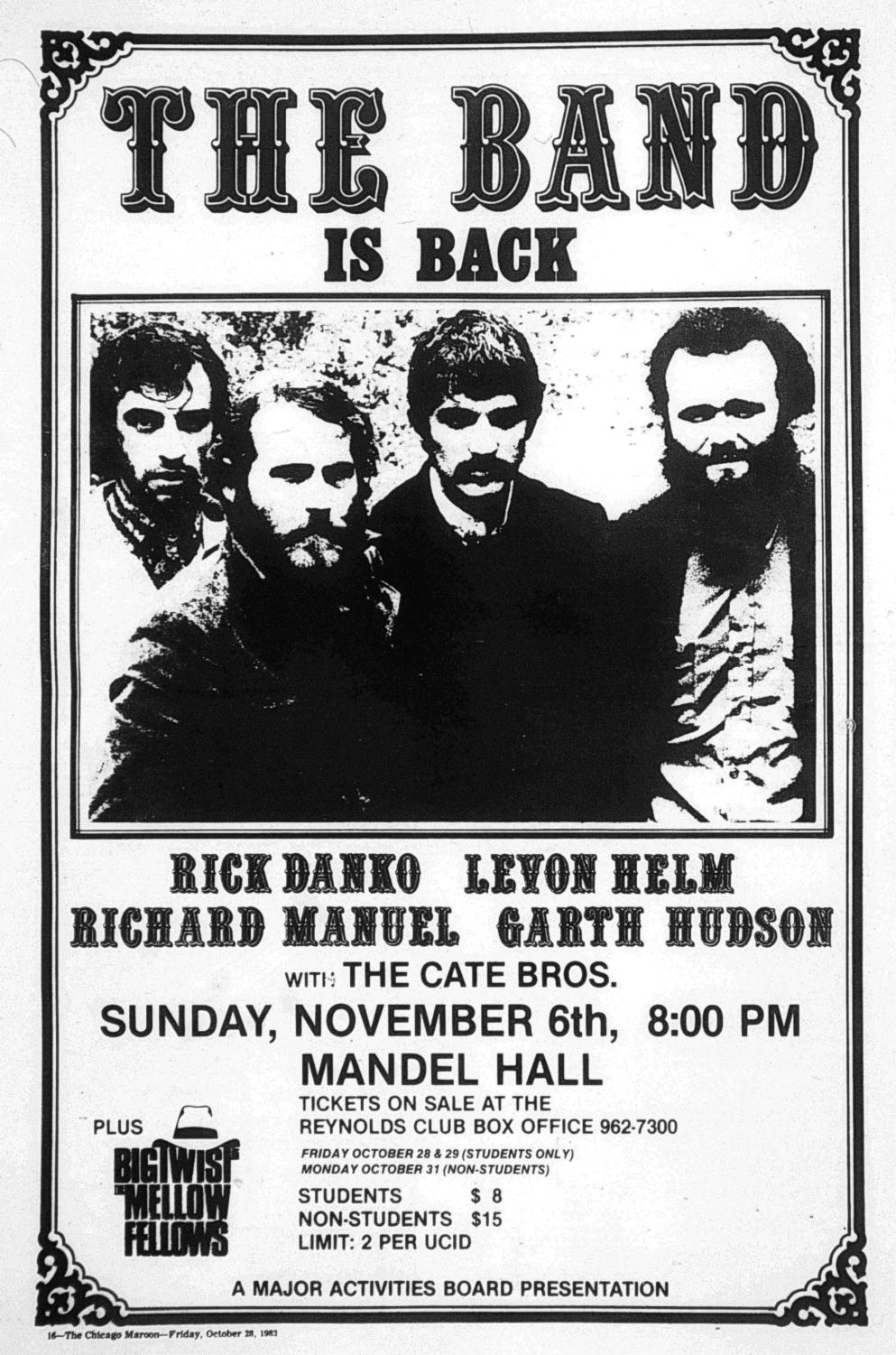 A promotional poster for the MAB concert which ran in the Friday, October 28, 1983 issue of the Maroon.