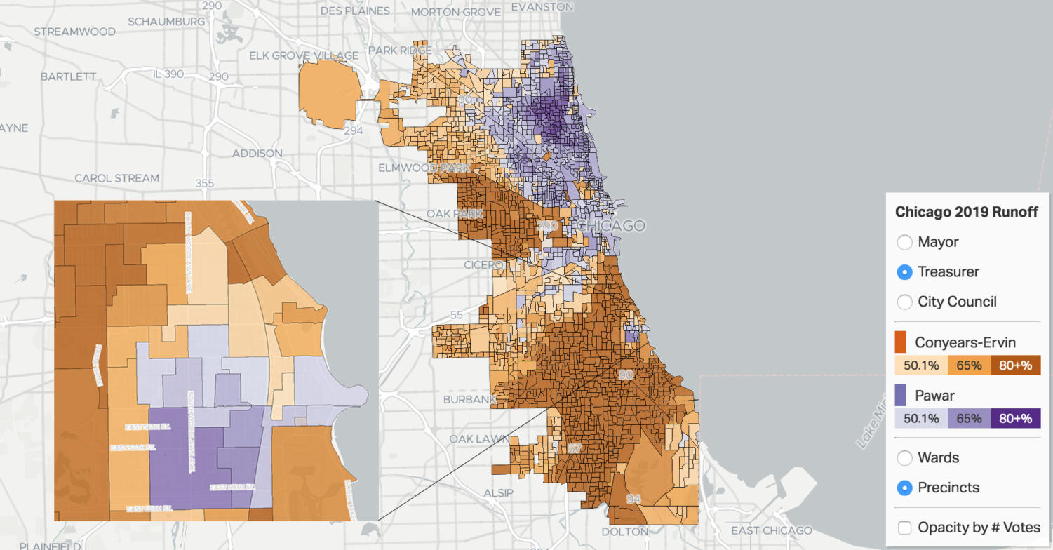 Breakdown by precinct of votes for treasurer in the 2019 runoff elections—across Chicago and in Hyde Park