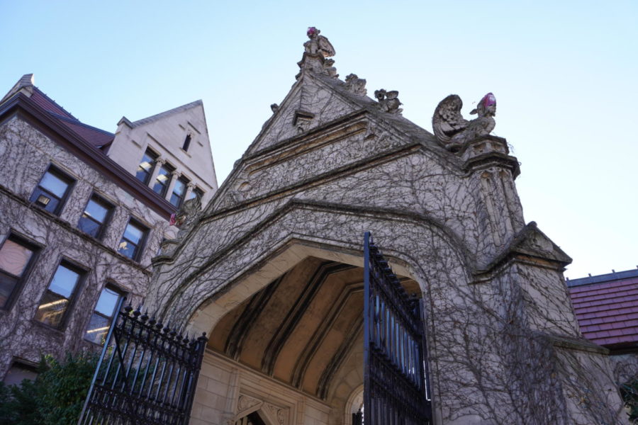 front gate of UChicago quad on a cloudy day