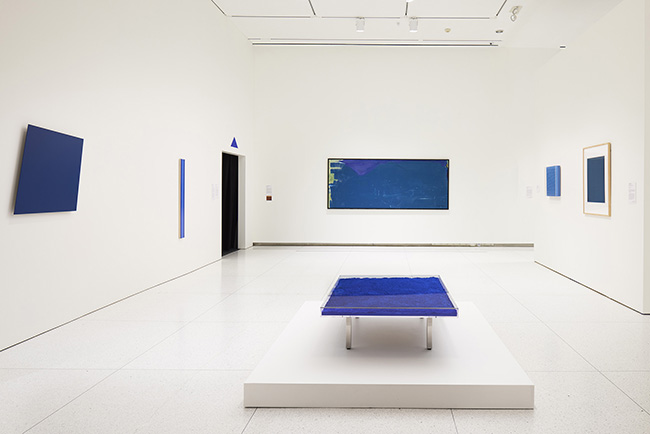 Installation view of Monochrome Multitudes, showing works by Ellsworth Kelly, Barnett Newman, Palermo, Helen Frankenthaler, Enrico Castellani, John Plumb, and Yves Klein. 