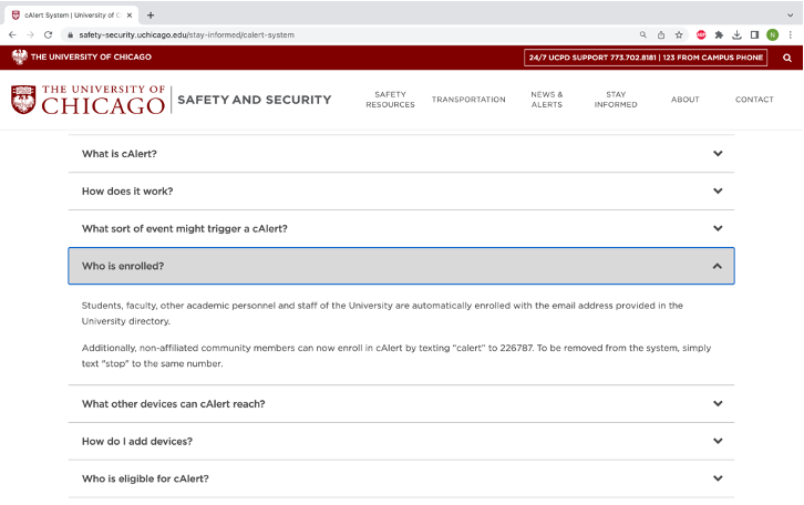 The University’s previous automatic enrollment policy for cAlert on the Department of Safety & Security website.