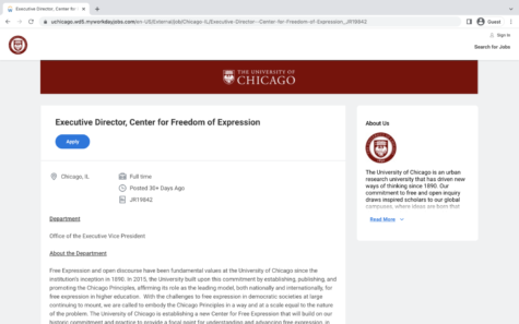 A screenshot of the University's job posting for the Executive Director of the Center for Freedom of Expression.