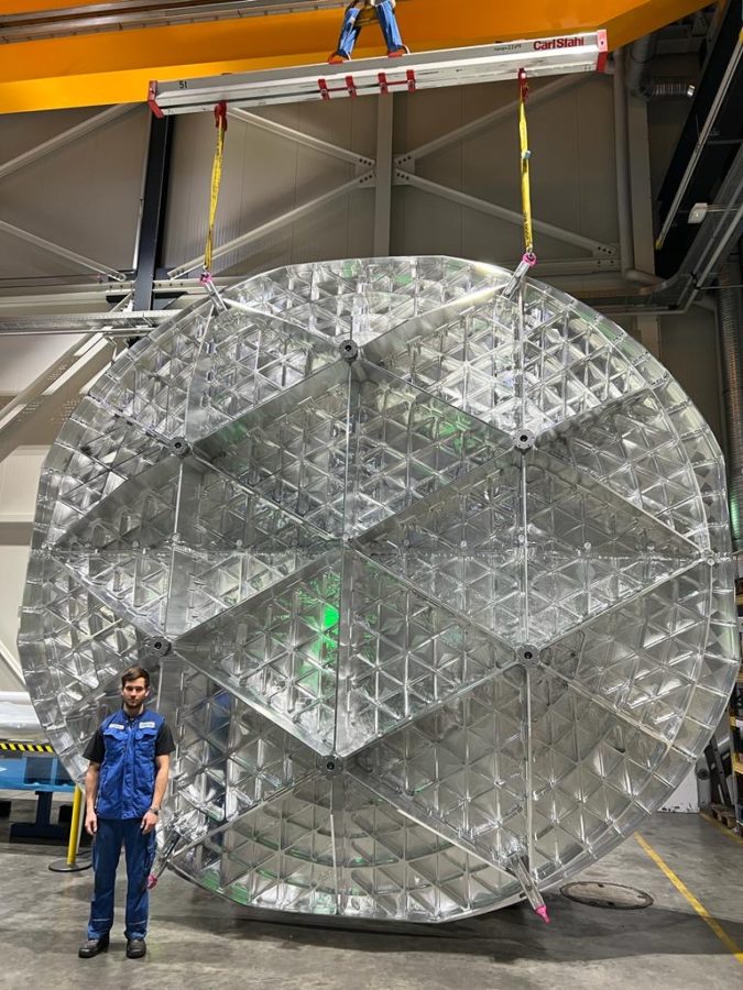 The reflector standing up (back view) after assembly by the engineering team in Germany.