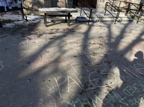 Images of the chalk from before and immediately after the action. Note that chalking facilitated by anti-abortion groups on campus frequently remains for days at a time and is washed away by students—not by maintenance workers.