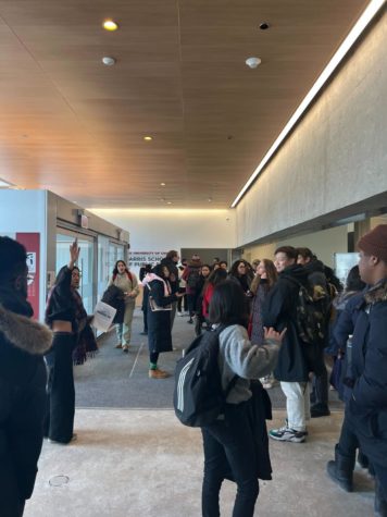 Graduate Students assembling at the Harris School of Public Policy before voting in the January 31 to Feb 1 unionization election.