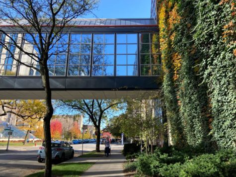 The bridge between the Kersten Physics Teaching Center and the William Eckhardt Research Center. This photo was taken on a sunny day.