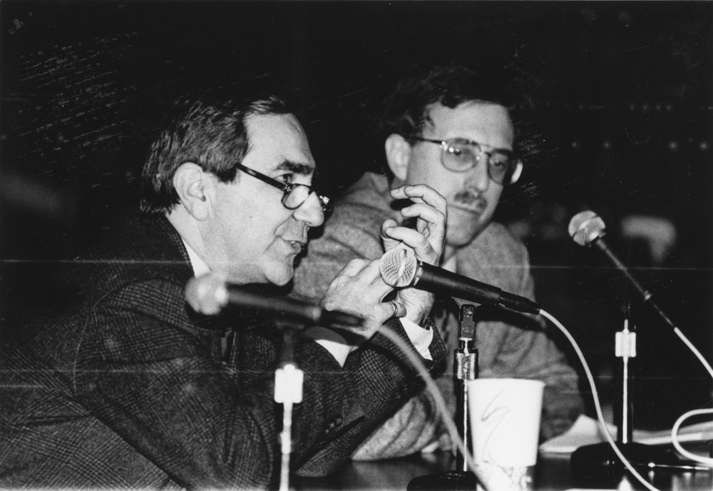 Boyer (right) with University President Hugo Sonnenschein in 1997 (courtesy of the Hanna Holborn Gray Special Collections Research Center)