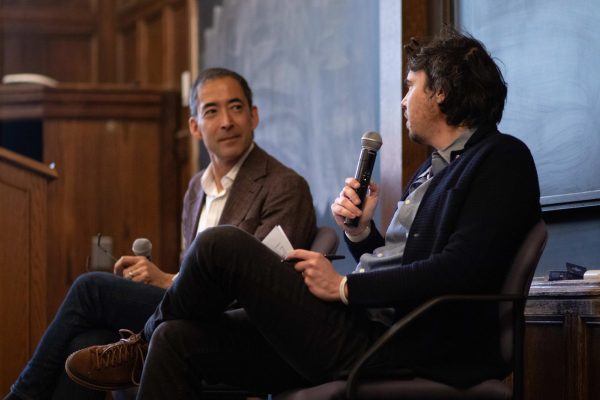 Professors Clifford Ando and Jon Levy speaking about the Universitys Financial Situation at an event organized by the Chicago Center for Contemporary Theory.
