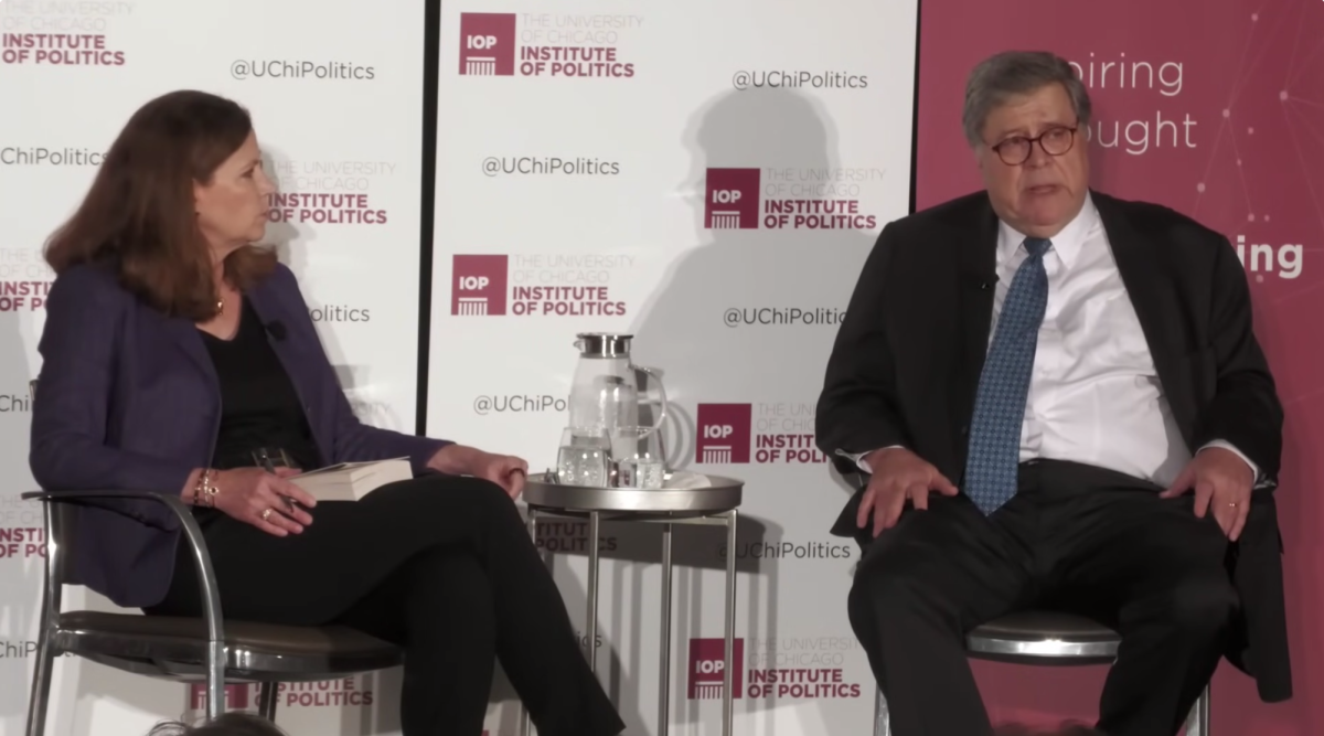 A screenshot from the Institute of Politics recording of Former Attorney General Bill Barr.