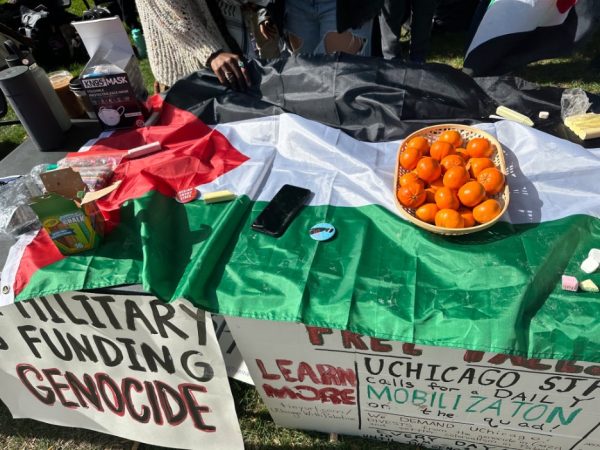 The donation of a basket of oranges for SJP protesters on a table covered by the Palestinian flag. (Photos courtesy of Hui)
