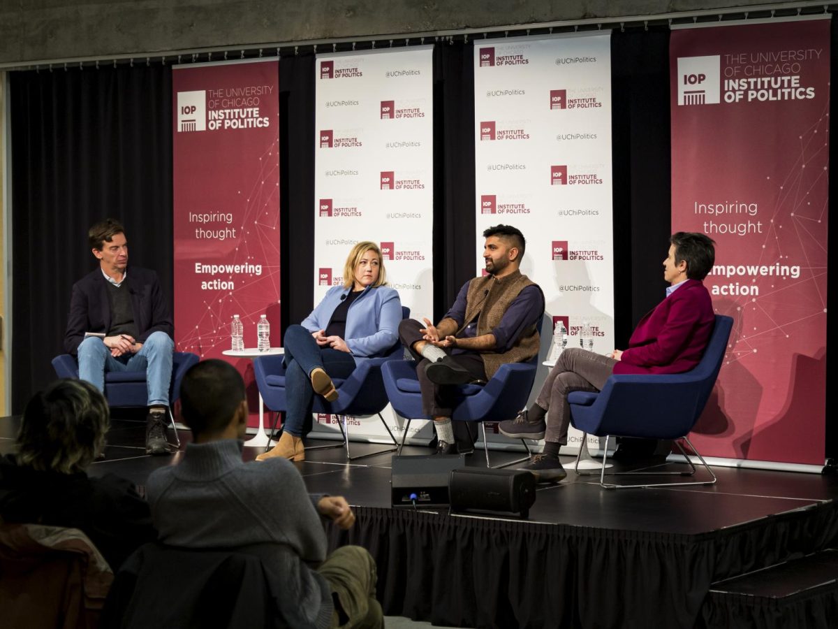 Policy analyst Amy Walter, political strategists Waleed Shahid and Sarah Longwell, and moderator New York Times politics reporter Reid Epstein.