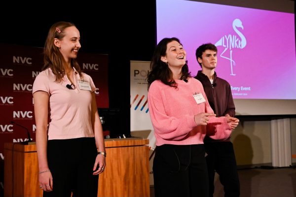 Head of Operations and Growth Geneva Kirk Drayson, Lynkr Founder/CEO Emily Wheeler, and Head of Finance RJ Czajkowski at their final CNVC pitch.