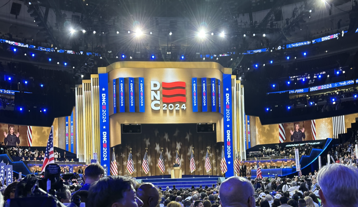 Democratic presidential nominee and Vice President Kamala Harris addresses the crowd in the United Center on the final night of the Democratic National Convention.