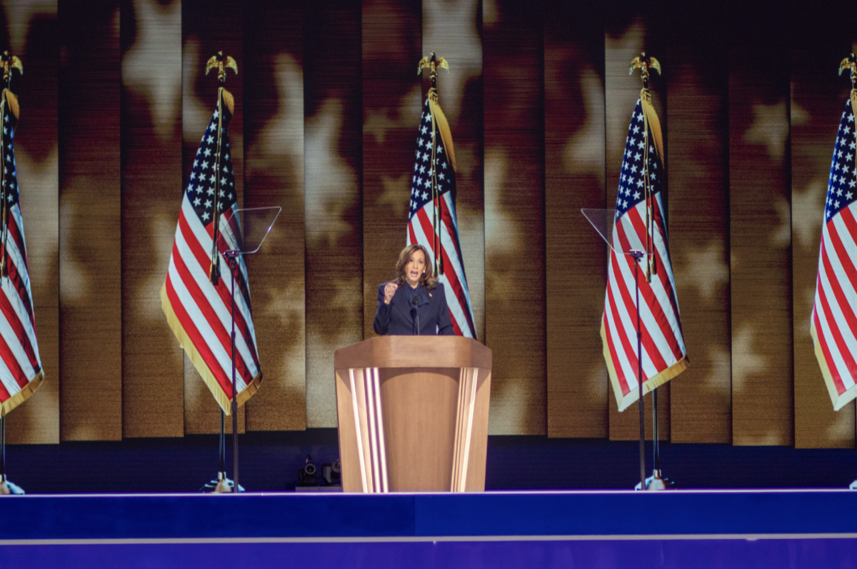 Democratic presidential nominee and Vice President Kamala Harris addresses the crowd in the United Center on the final night of the Democratic National Convention.