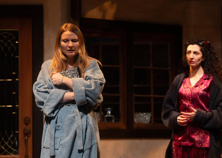 Catherine (Dana Muelchi) clutches the contentious proof centered in act 2 as her sister Claire (Taila Langman) looks on in Bluebird Arts’ Proof.