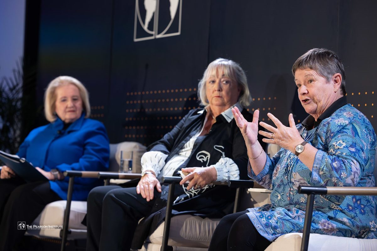 From left to right: Melanne Verveer, former U.S. ambassador-at-large for global women’s issues, Monica McWilliams, co-founder of the Northern Ireland Women’s Coalition, and Avila Kilmurray, migration and peacebuilding executive at the Social Change Initiative. (Courtesy of Anne Ryan)