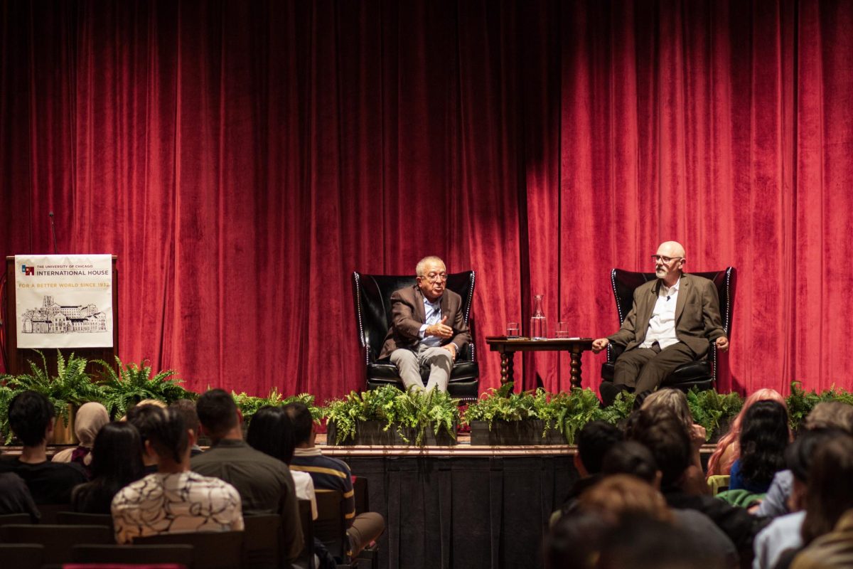 Former Prime Minister of the Palestinian Authority Salam Fayyad (left) and professor Tom Ginsburg (right) discuss the ongoing Israeli-Palestinian conflict at International House.