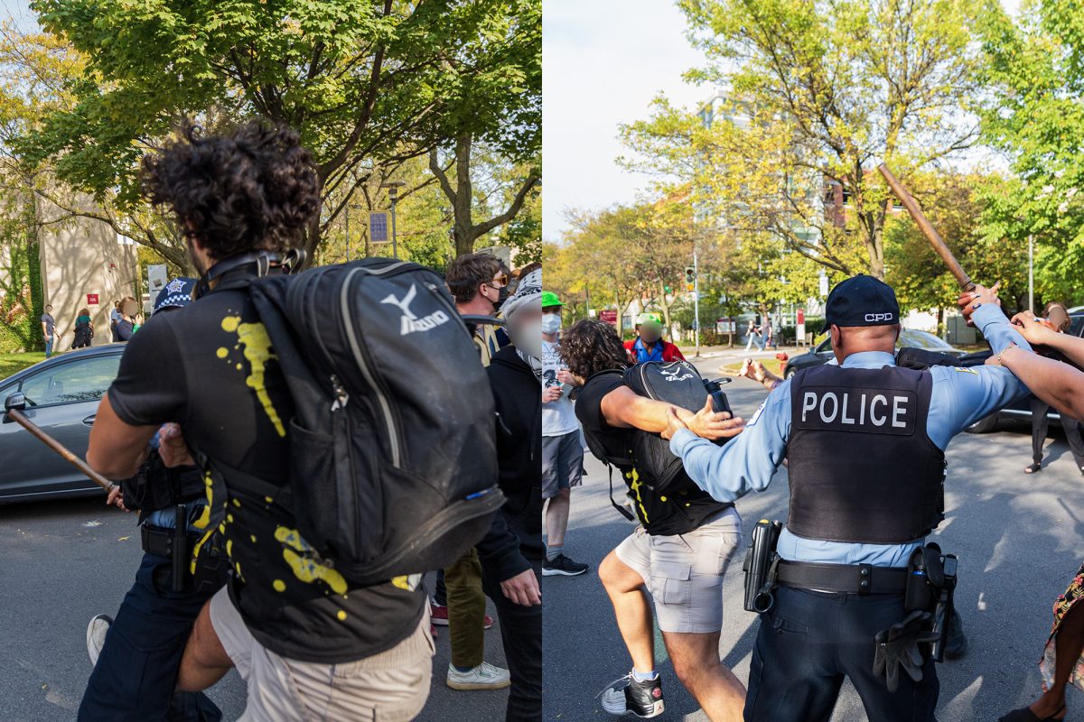 Left: The student kicks a CPD officer. Right: Using a baton, CPD officers grab and attempt to detain the student as he flees down South Ellis Avenue. 