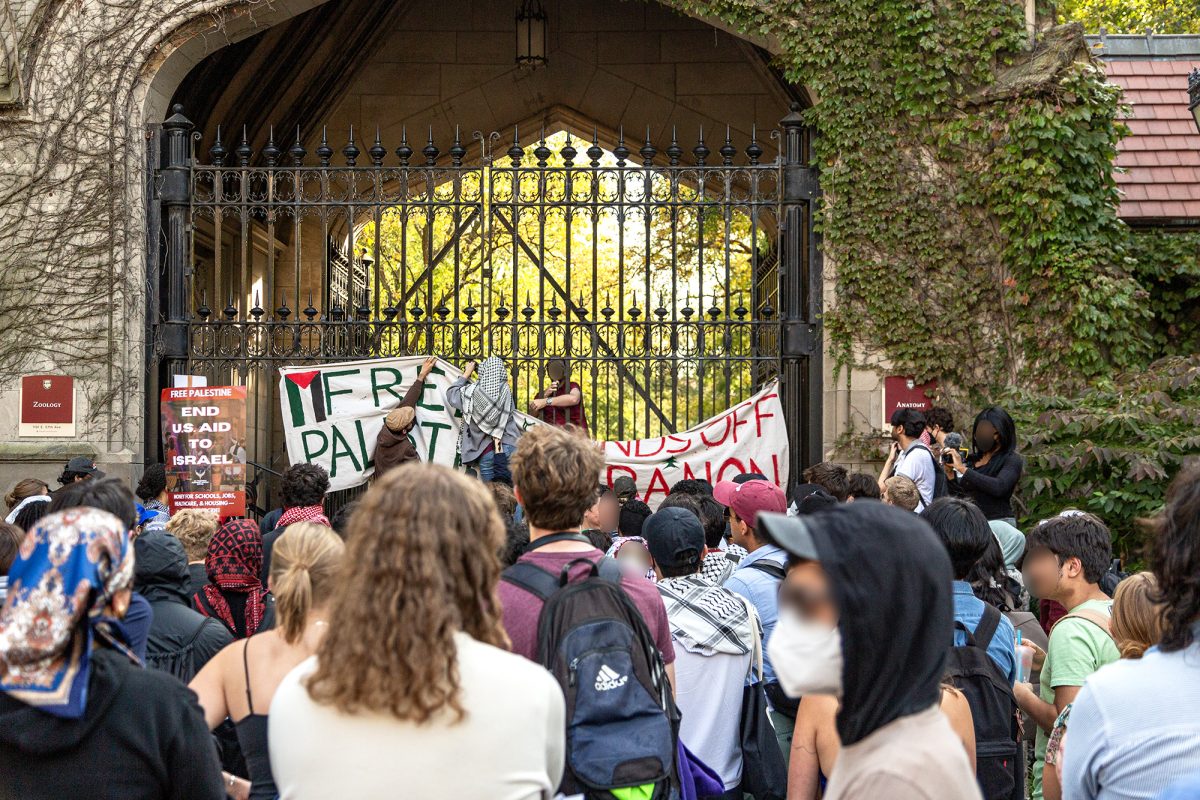 Protesters rally around Cobb Gate, which they had locked with a bike lock.