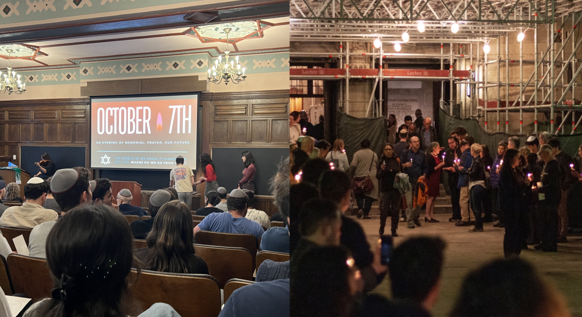 Left: UChicago Chabad holds its memorial and prayer in the Social Sciences Research Building. Right: After Hillel's concert, attendees gathered on the steps of Rockefeller Memorial Chapel with candles.