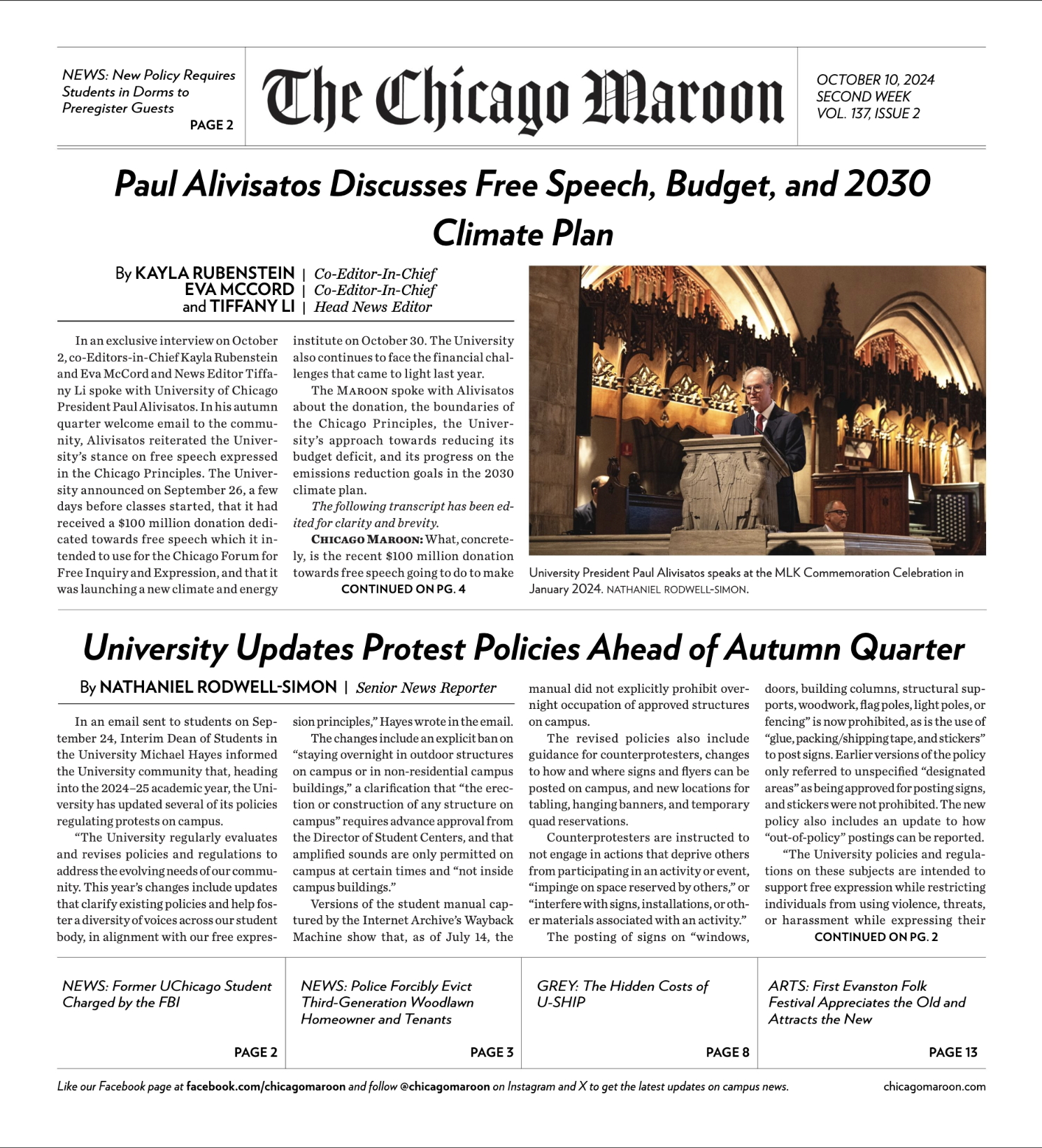 An image of the cover of the October 10, 2024 print edition of the Chicago Maroon.