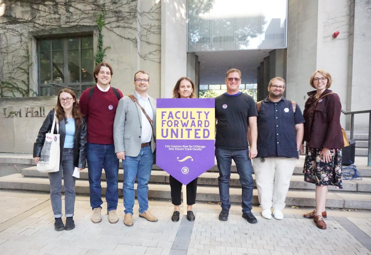 Faculty Forward members in front of Levi Hall in early October, when they delivered a petition to University administration during the final leg of negotiations.