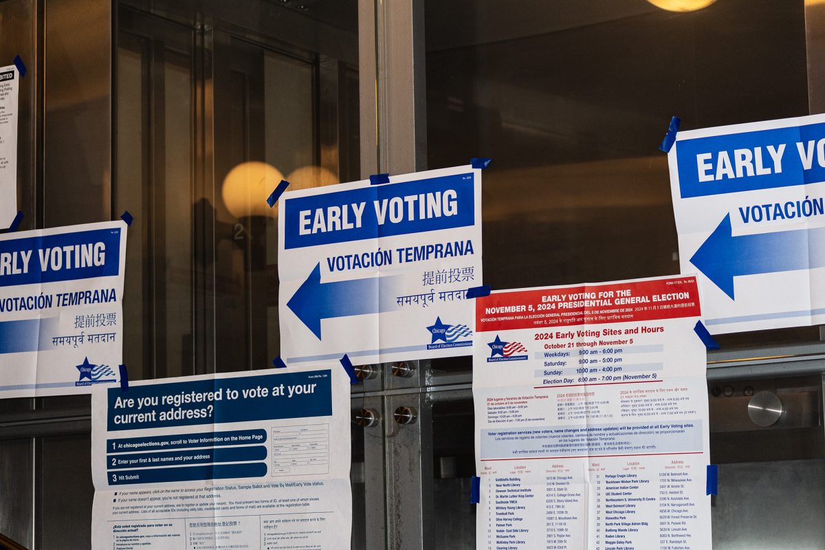 Early voting signs on the door of the Reynolds Club, where early voting took place from October 30 to November 1 for the 2024 general election.