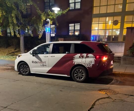 A Via Shuttle drops students off at Max Palevsky Residential Commons.