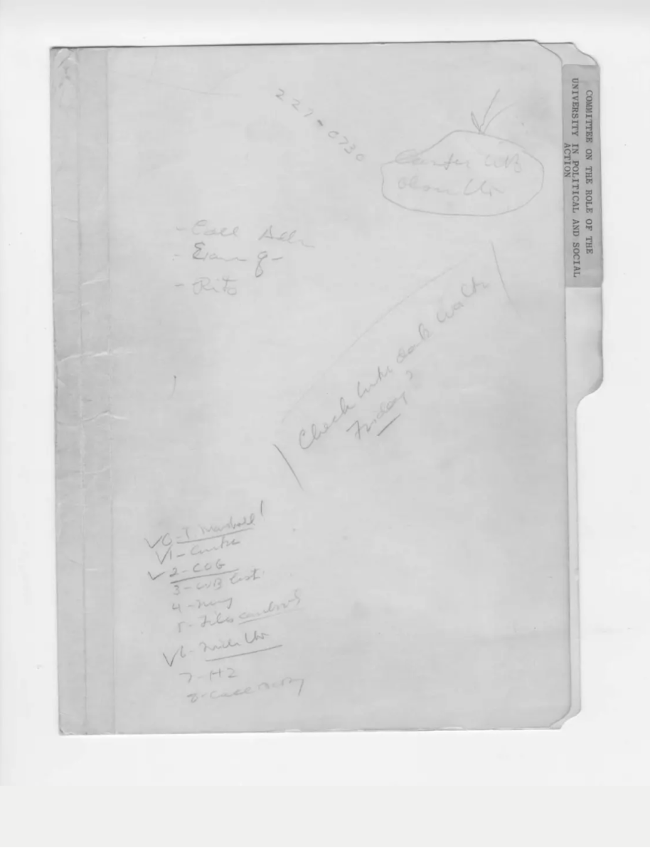 The front cover of Harry Kalven Jr.'s personal folder for the 1967 Report on the University’s Role in Political and Social Action. Courtesy of Jamie Kalven.