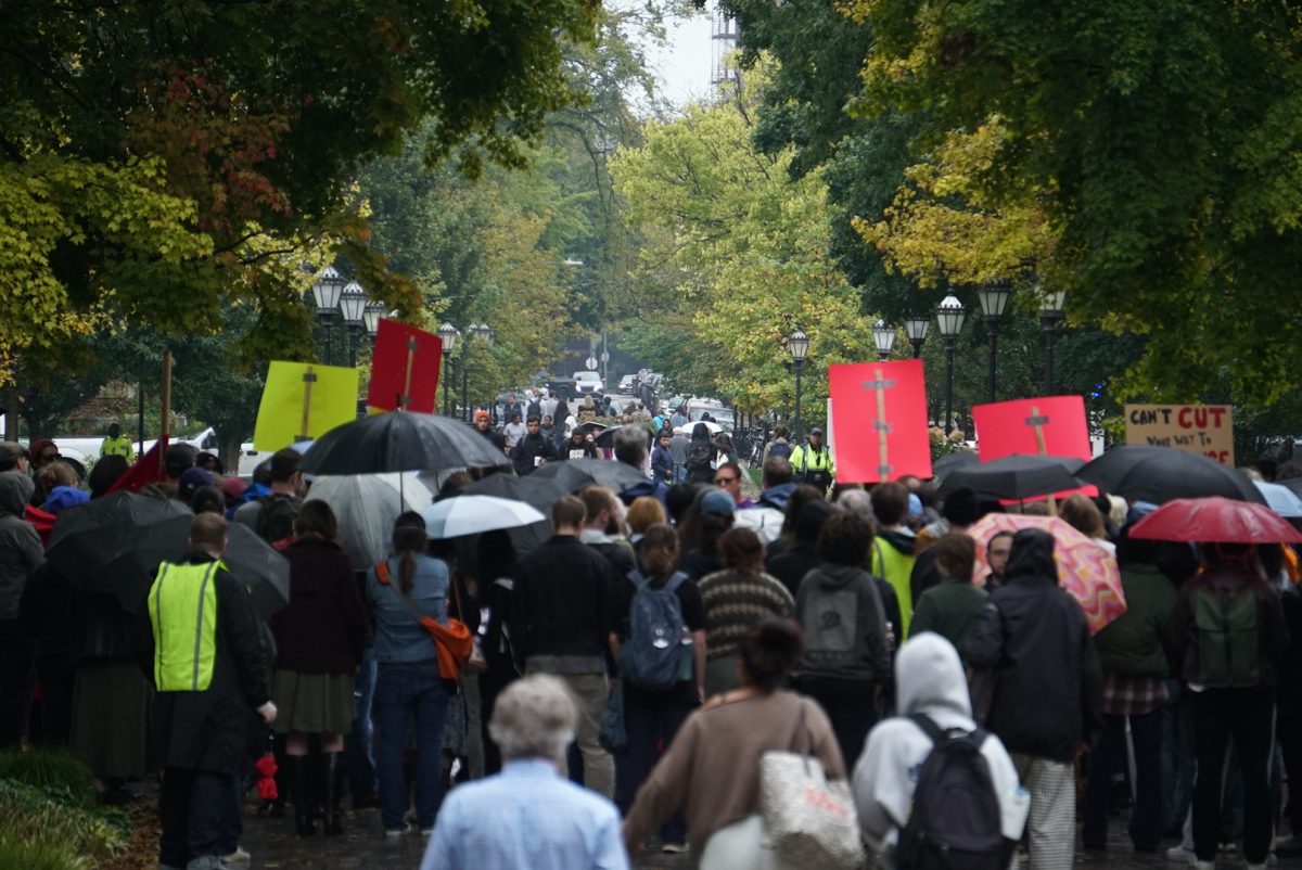 Hundreds of union members gather on the quad for the rally. 
