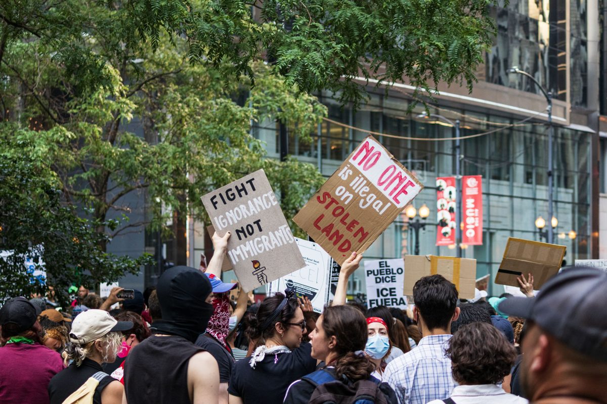 Protesters in downtown Chicago participate in an anti-ICE march on June 10, 2025. 