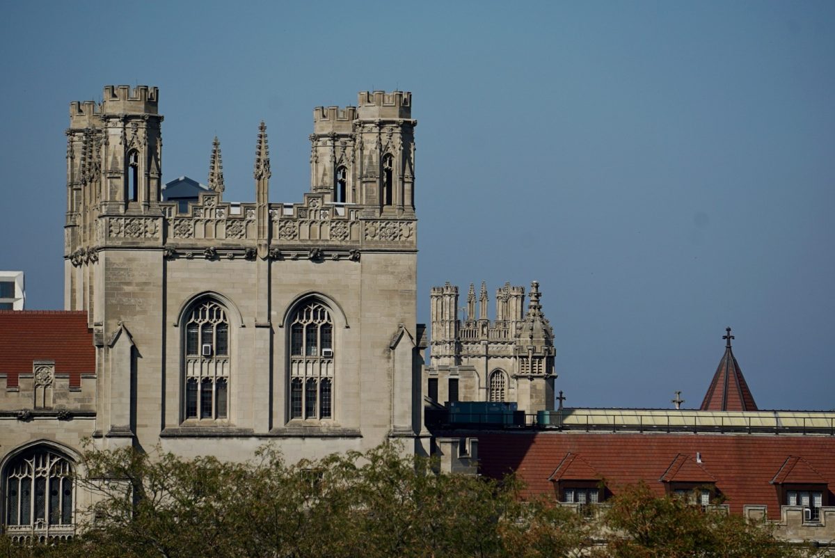 The west tower of Harper Memorial Library.