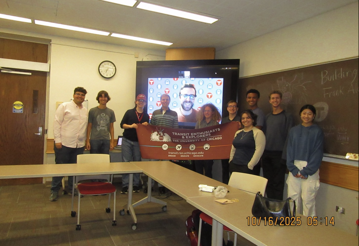 The Transit Enthusiasts, gathered in Cobb Hall after a meeting with an urban planning expert.