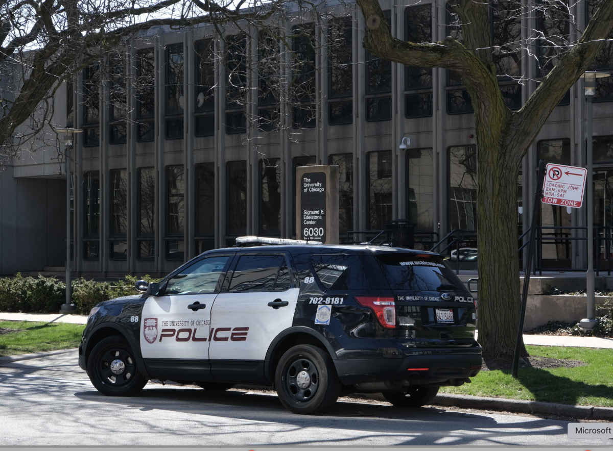 A parked UCPD patrol car outside the Sigmund E. Edelstone Center in 2022.