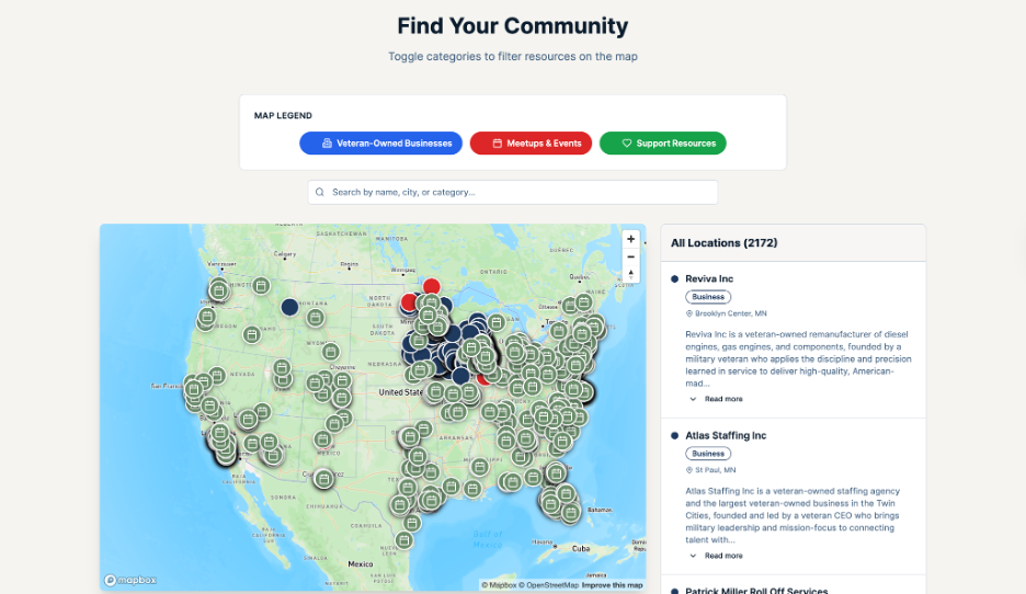 The interactive map on the Veteran Atlas homepage on which visitors can find veteran-owned businesses, events, and veteran support resources.