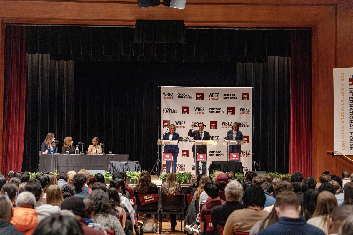 From center: U.S. Representatives Robin Kelly and Raja Krishnamoorthi, and Illinois Lt. Governor Juliana Stratton, during the January 26 Democratic senate primary debate.