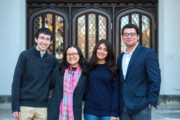 From left: Gabriel Kraemer, Celeste Alcalay, Anika Krishnaswamy, and Nathaniel Rodwell-Simon were elected to run the Maroon in 2026–27.
